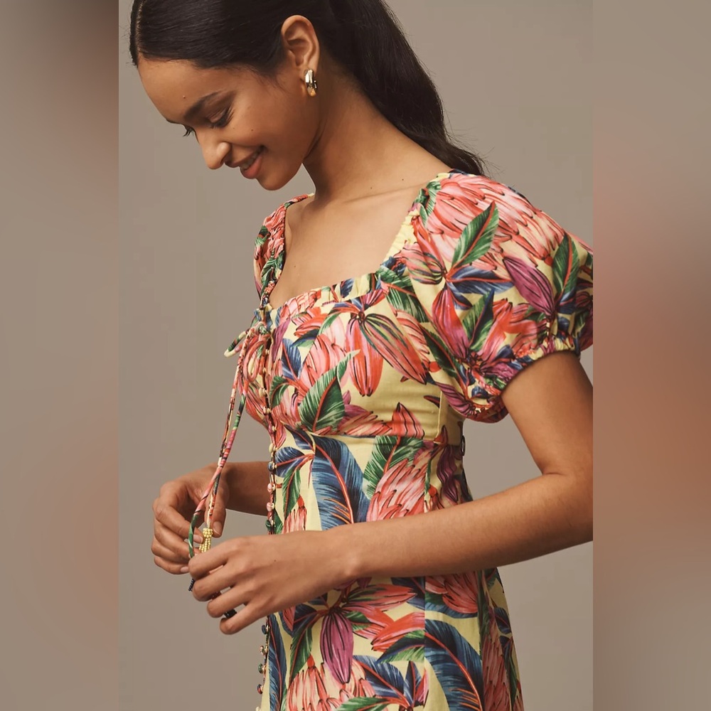 Farm Rio x Anthropologie Puff-Sleeve Sweetheart Linen Midi Dress - Picture 4 of 4